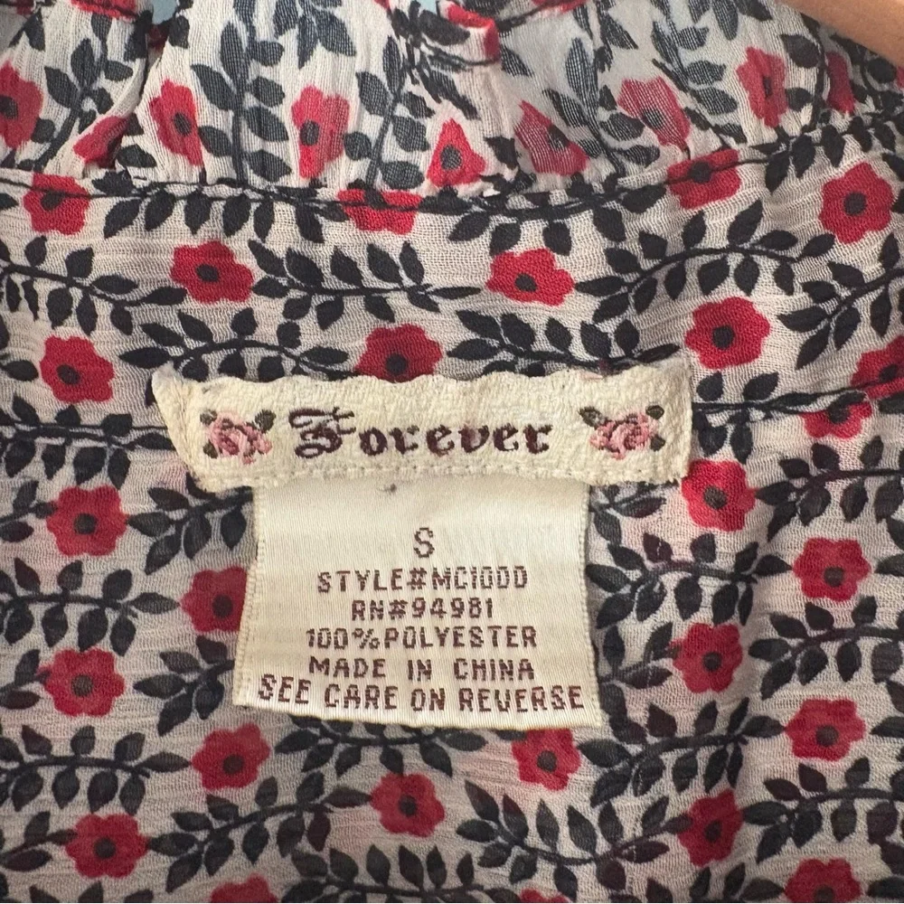 Vintage Forever 21 Red Black Floral Sheer Tunic Top Ruffle Y2K - Picture 3 of 14